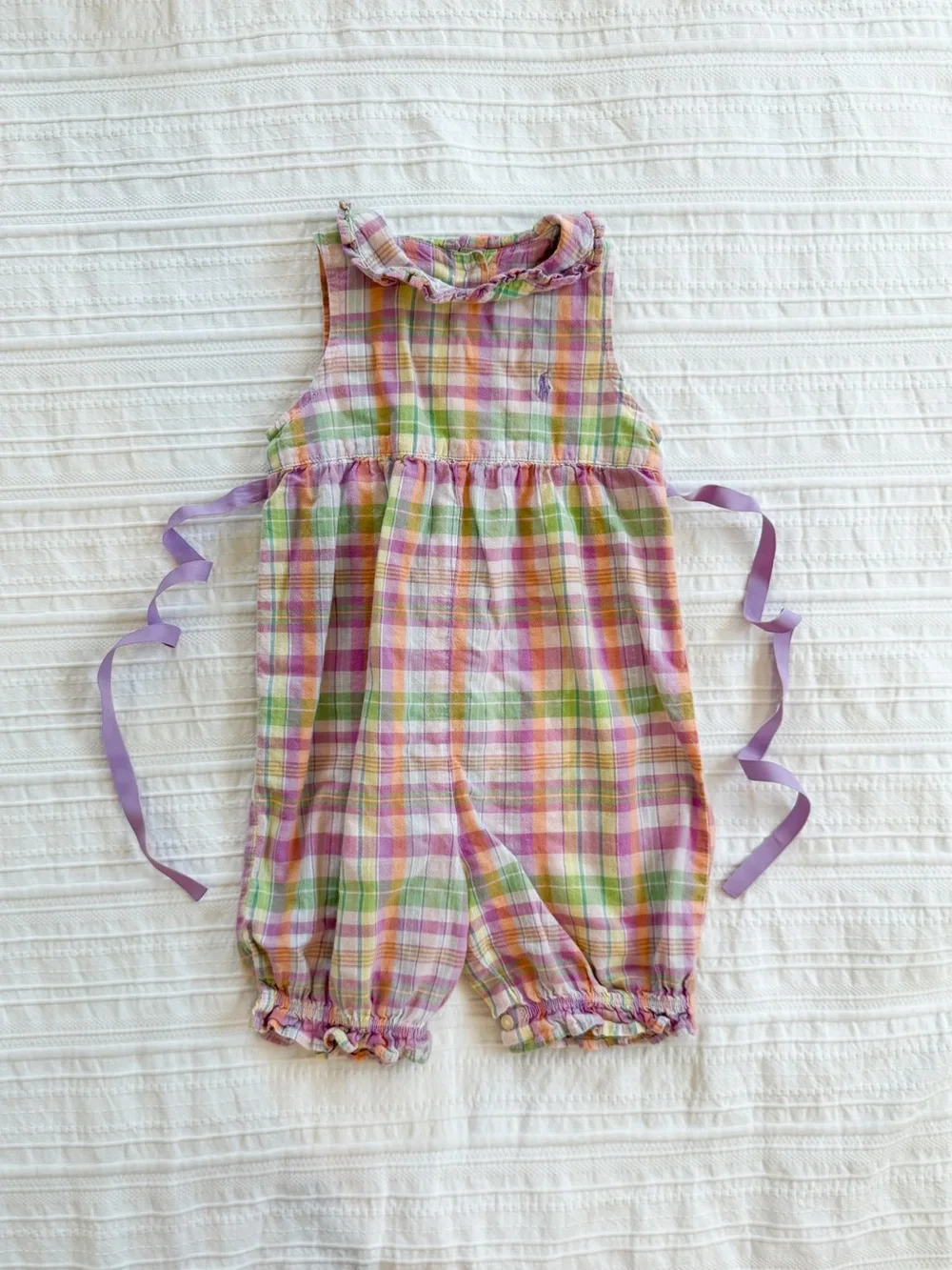 Vintage Ralph Lauren 100% Cotton Baby Girl Plaid Romper Peter Pan Collar Bubble
